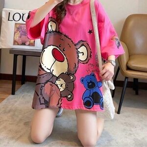 Pink Bear Print overzise T Shirt